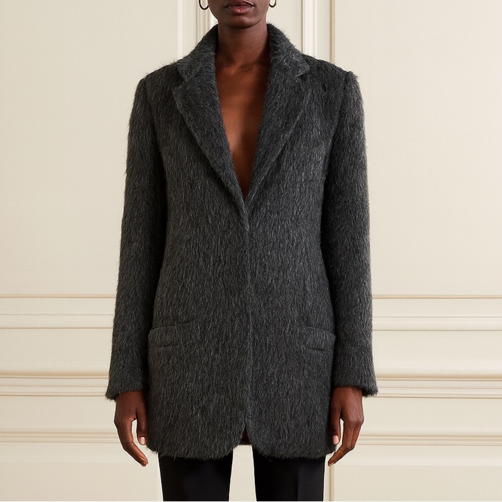 Donna Karan Alpaca Vintage Gray Wool Fur Teddy Style Collared Pocket Coat Sz 8
